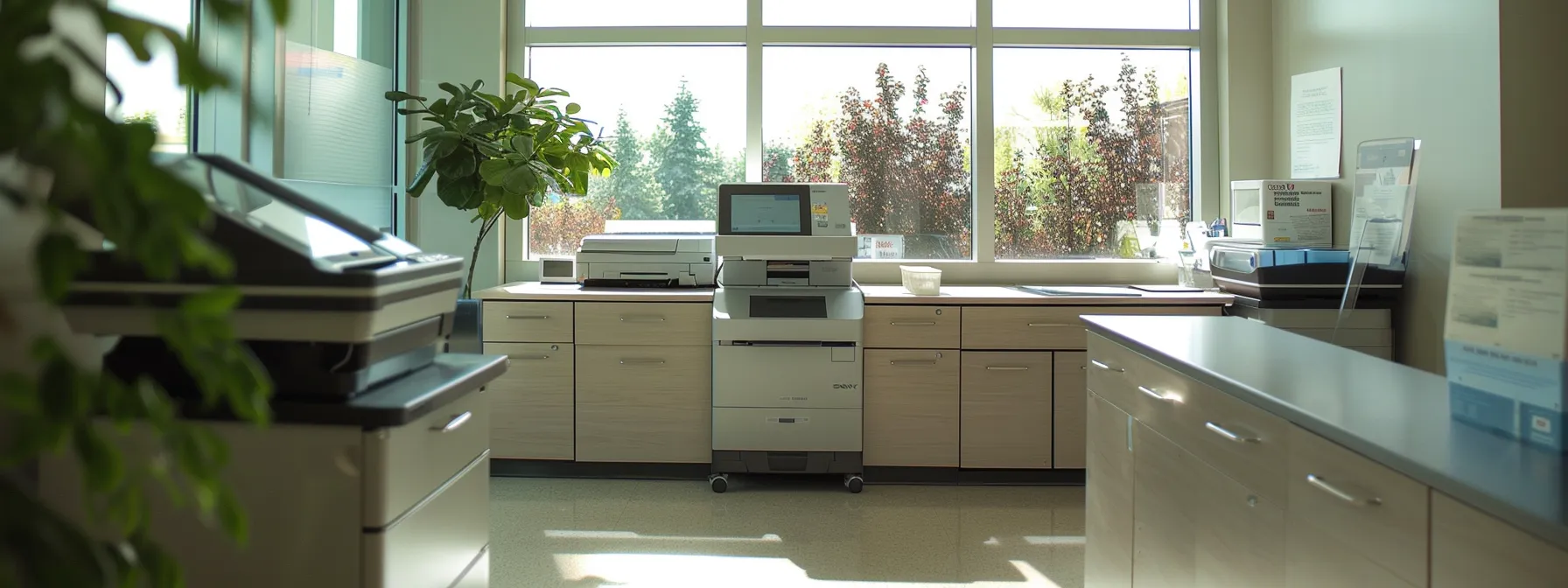 a clean, sleek copier machine with a sparkling glass surface and dust-free paper trays sits ready for use in a bright, organized office setting.