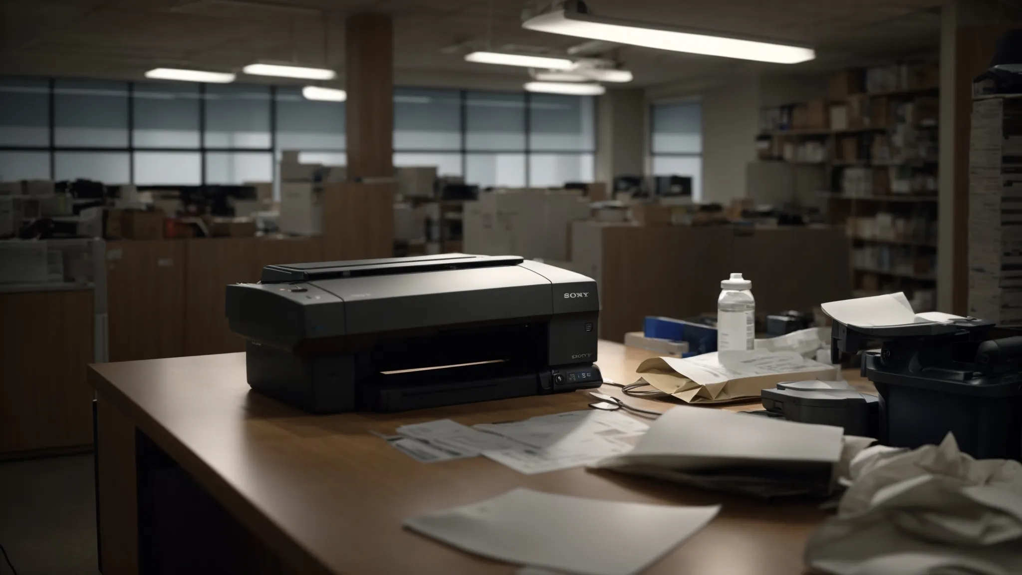 in the dimly lit office, a dusty copier sits neglected in the corner, surrounded by bottles of inappropriate cleaning solutions.