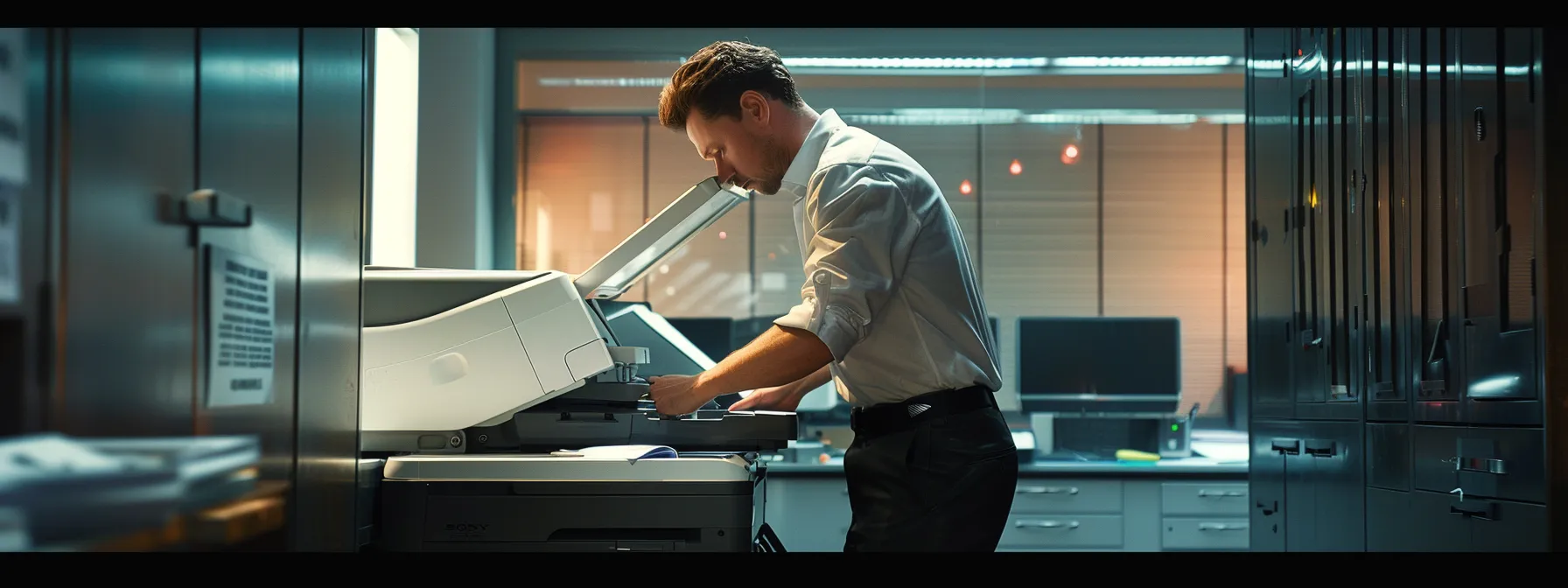 a professional technician conducting maintenance on a sleek, modern copier machine in an office setting.
