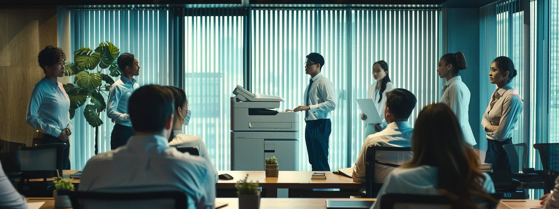 a group of employees attentively learning proper copier cleaning techniques from a trainer in a well-lit office conference room.