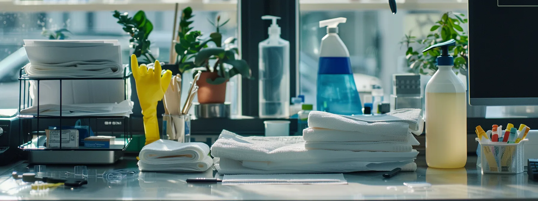 a close-up shot of a workspace with paper towels, microfiber cloths, safety gloves, and eco-friendly cleaning products laid out neatly for copier cleaning.