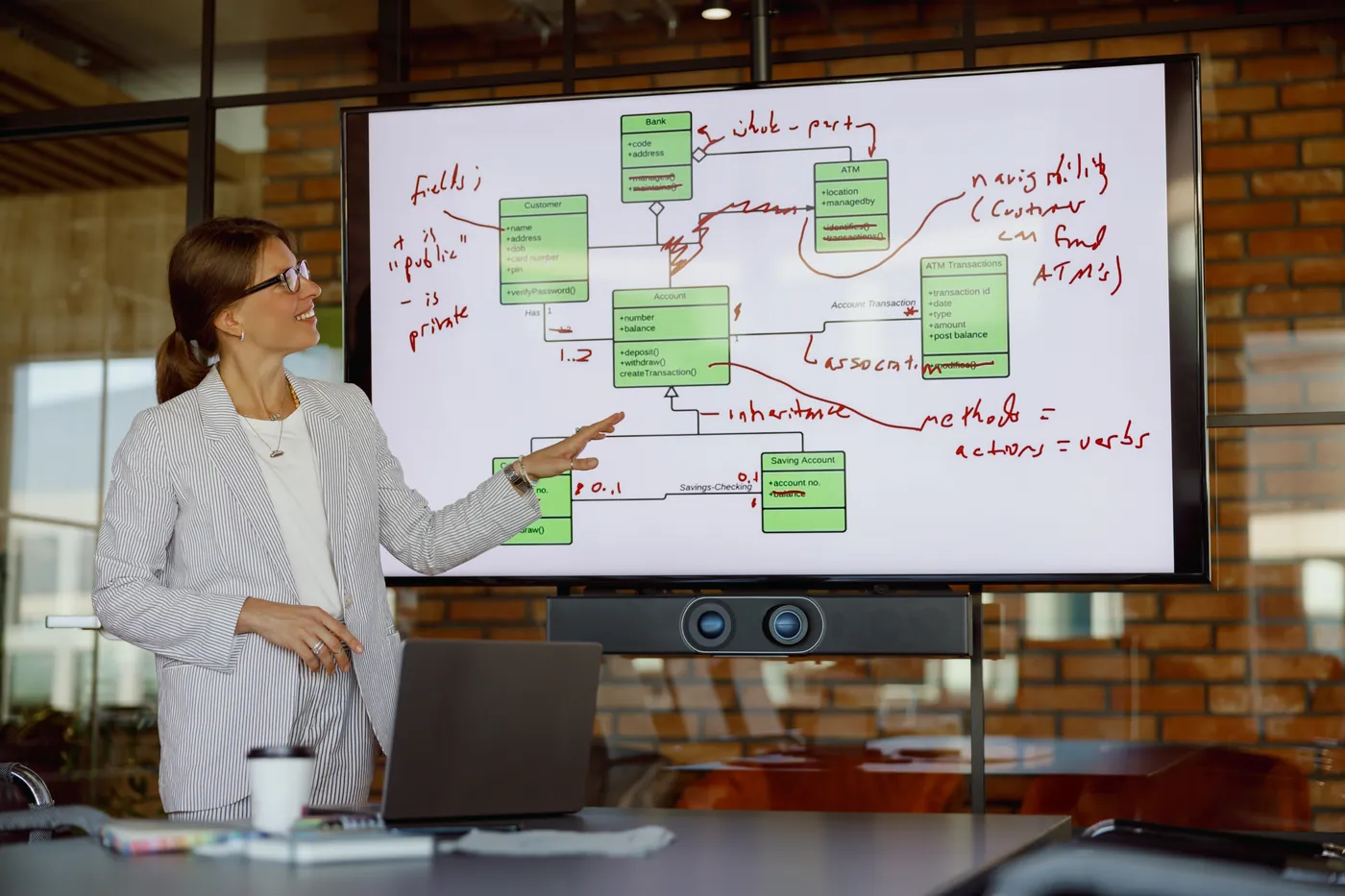 Presenter explaining a diagram on a large interactive display